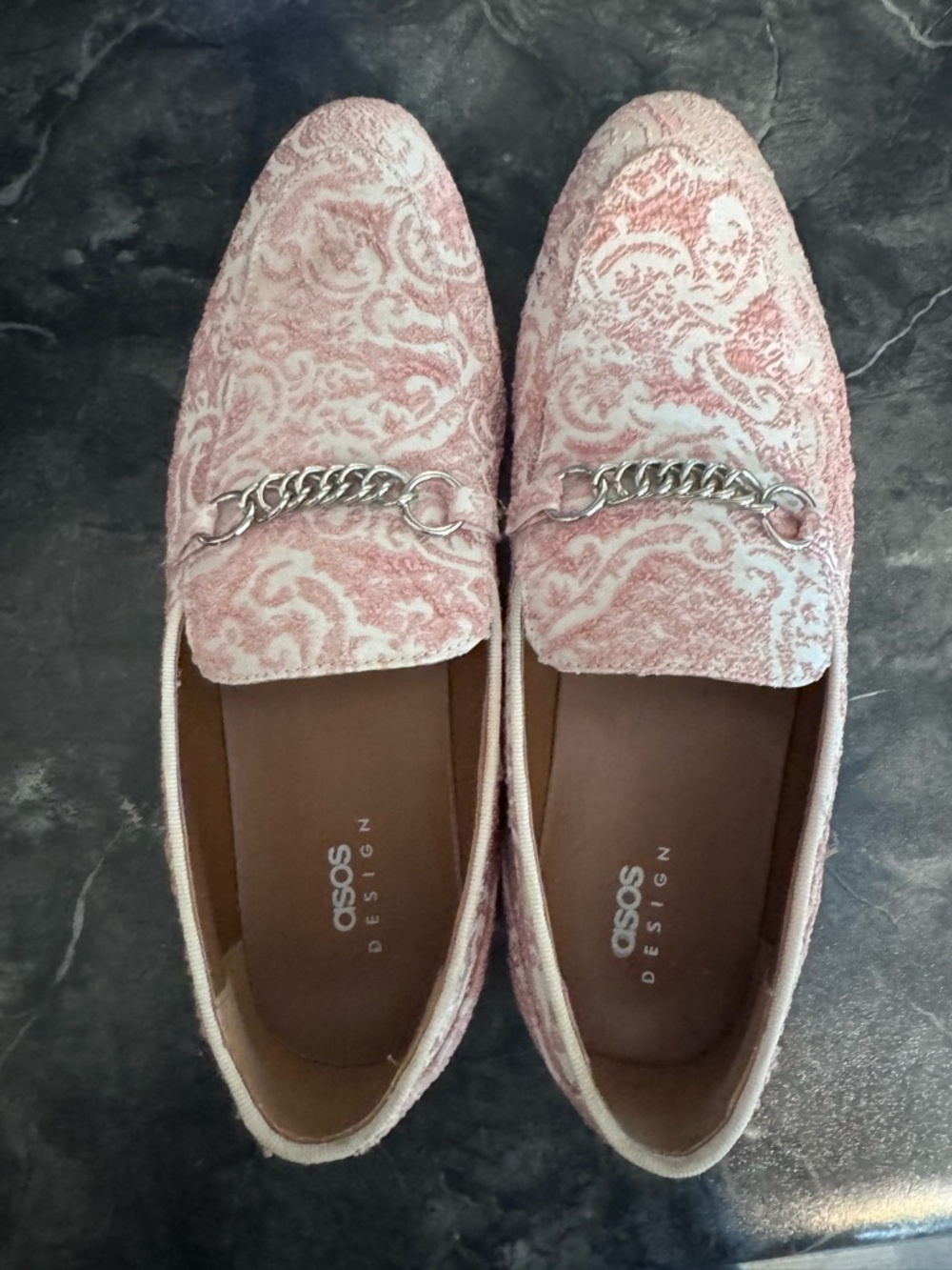 ASOS Pink Paisley Jacquard Loafers with Silver Chain